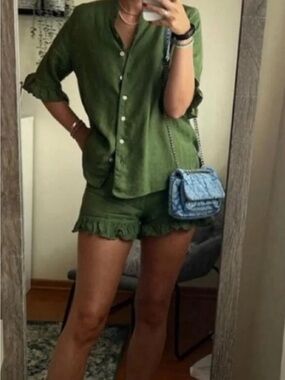 Sleeper Green Linen Two-Piece Short Set with Ruffle Hem